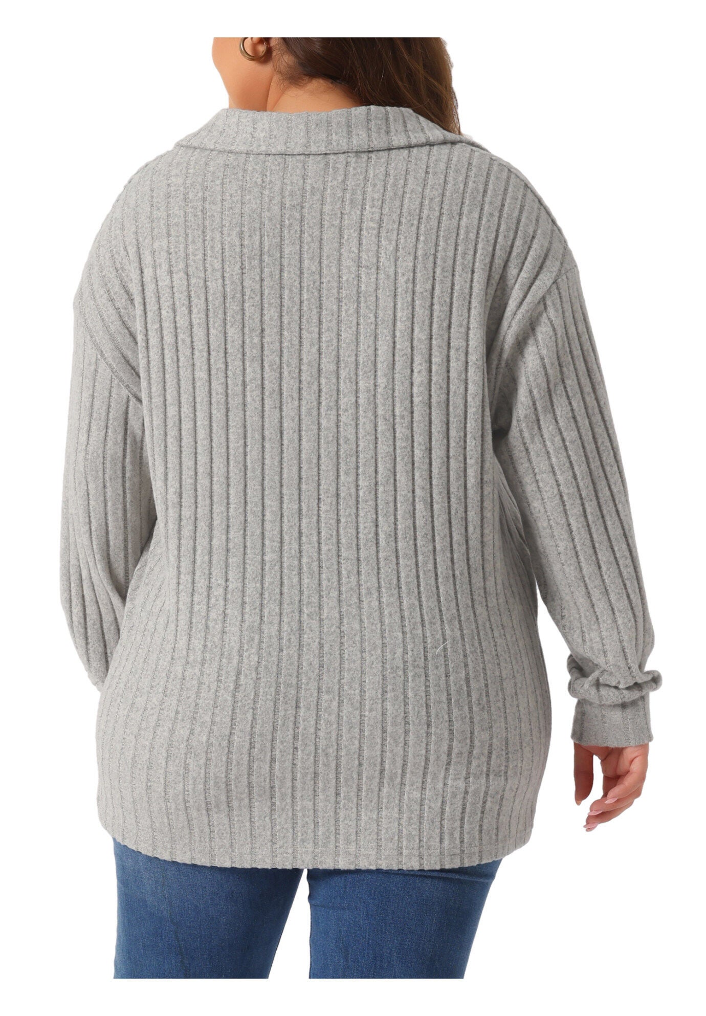 Loose Polo V Neck Long Sleeve Ribbed Knit Top, Grey / Cool Gray, alternate image number 3