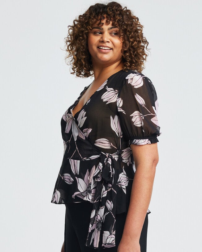 Azalea Black Floral Faux-Wrap Top, , alternate image number 7