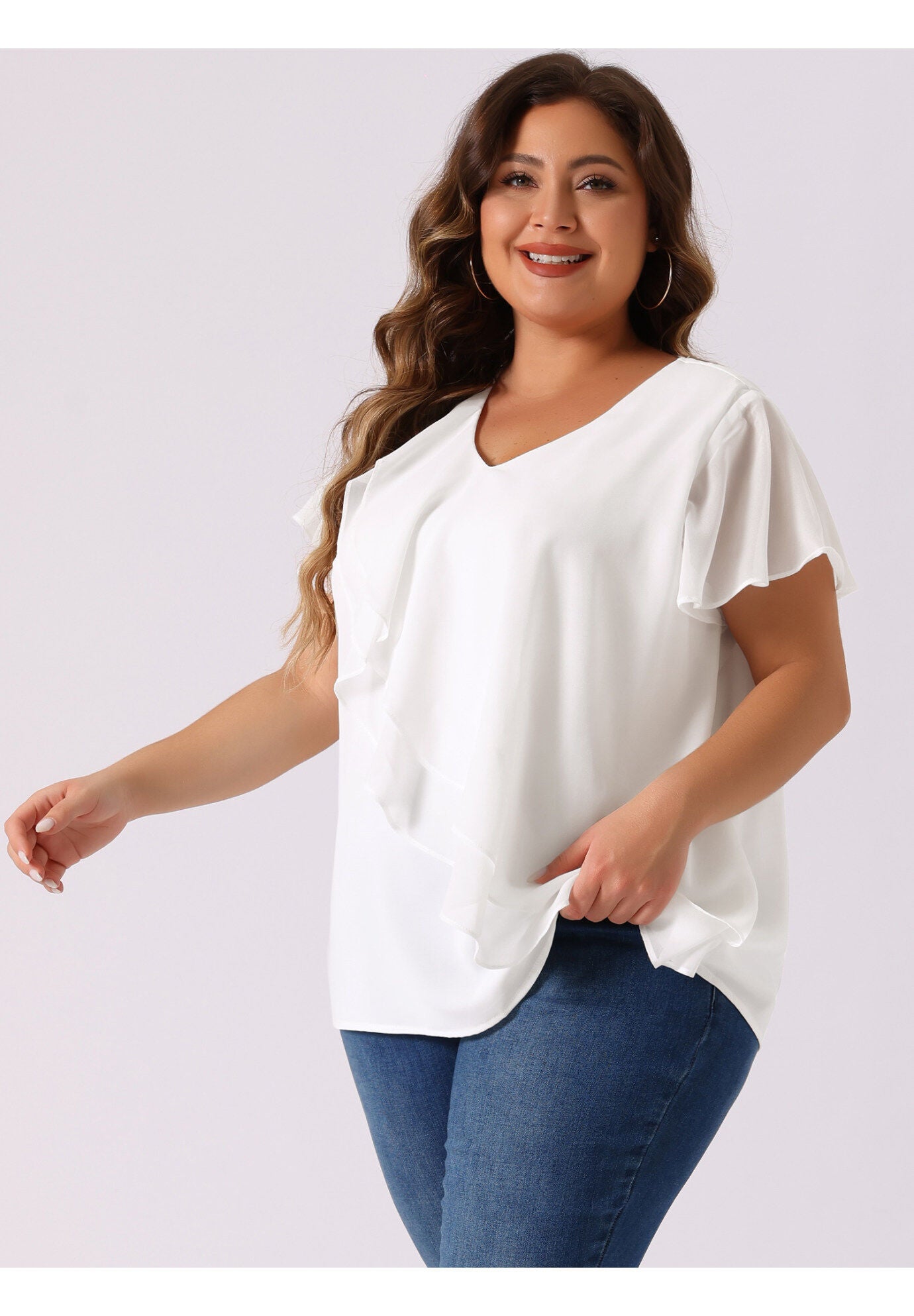 Flutter Sleeves Blouse V Neck Layer Chiffon Ruffle Top, White / White, alternate image number 1