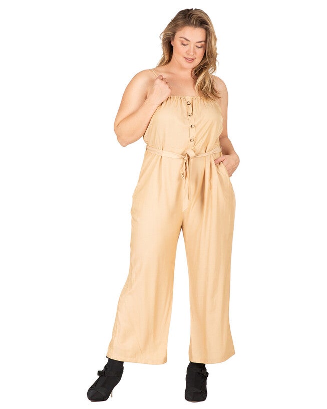 Charli Women's Adjustable Spaghetti Strap Elastic Neckline High Waist Jumpsuit, Khaki / Tan, alternate image number 3