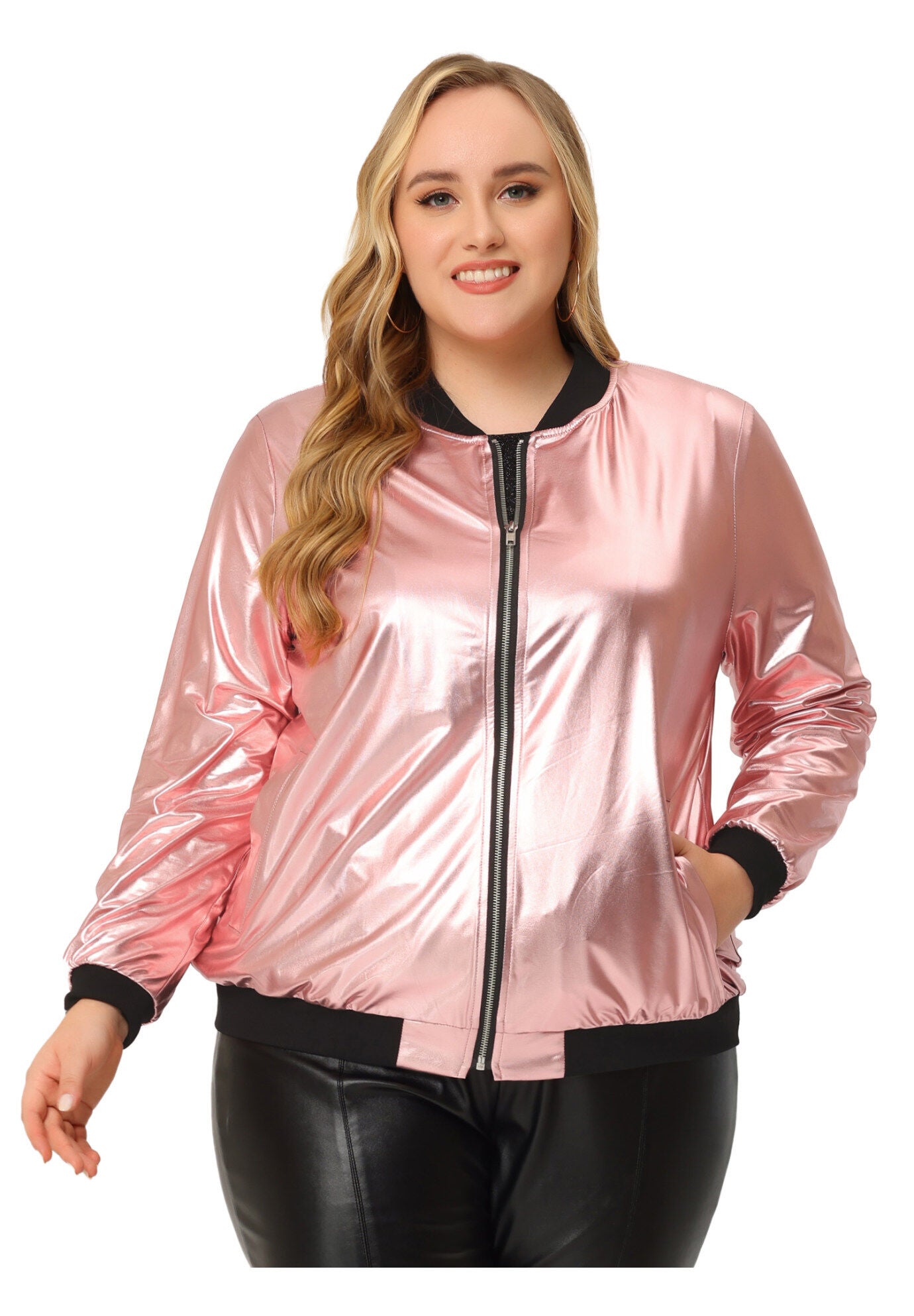 METALLIC SPARKLE HOLOGRAPHIC SHINY BOMBER JACKET, Rose Gold / Pink, hi-res image number 0