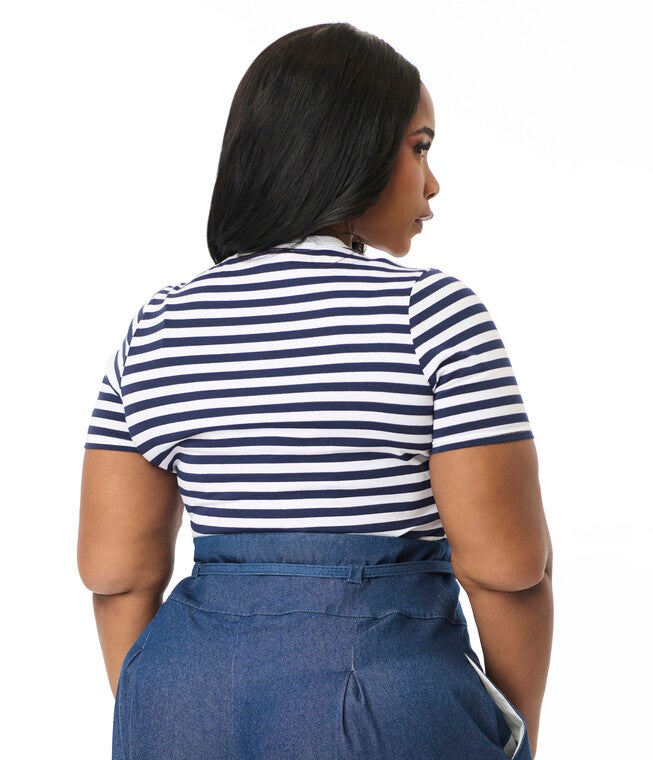 Unique Vintage Plus Size Navy & White Stripe Cotton Back To Basics Top, Navy / Navy, alternate image number 1