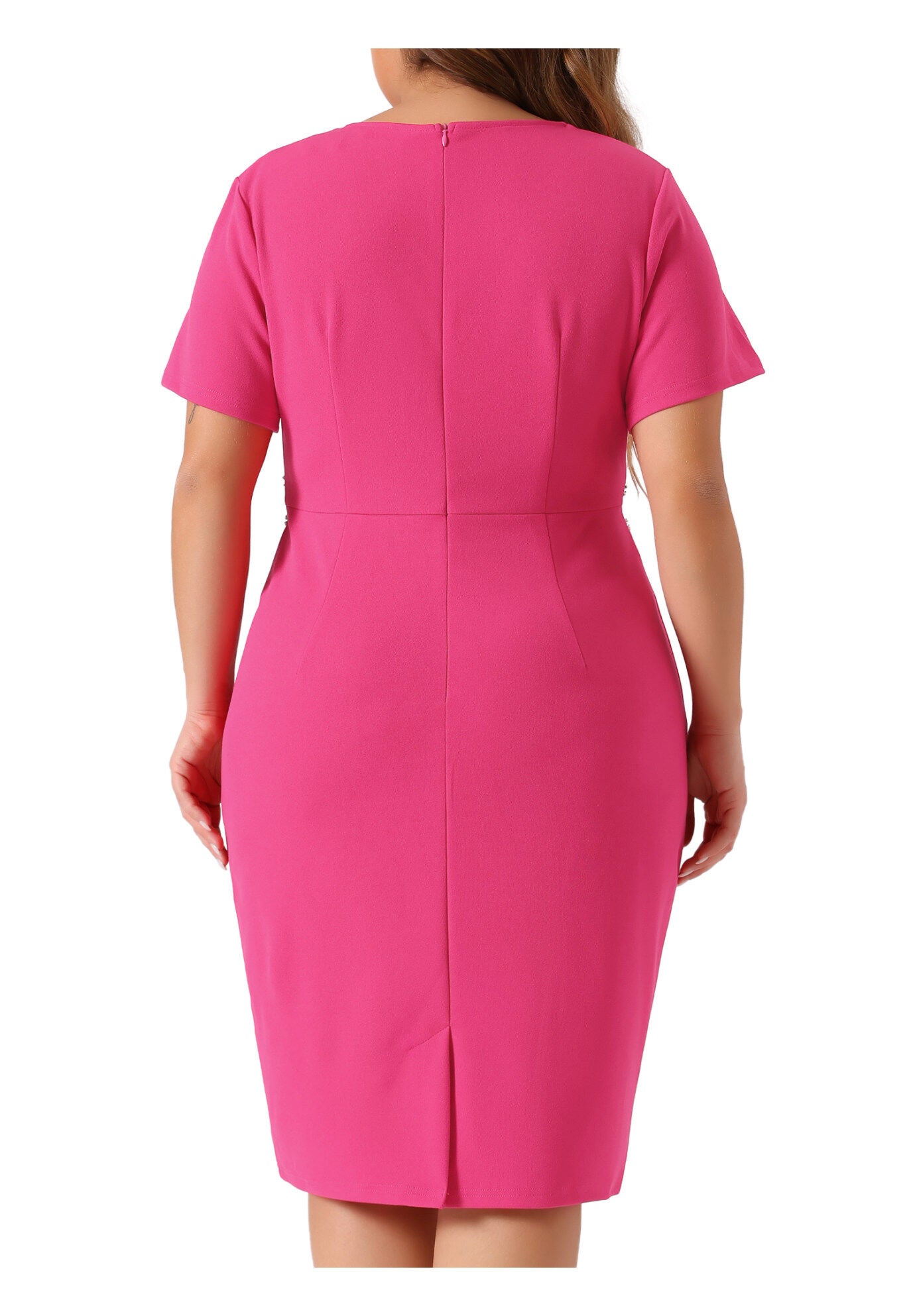 Button Crew Neck Bodycon Pencil Dress, Hot Pink / Black, alternate image number 3