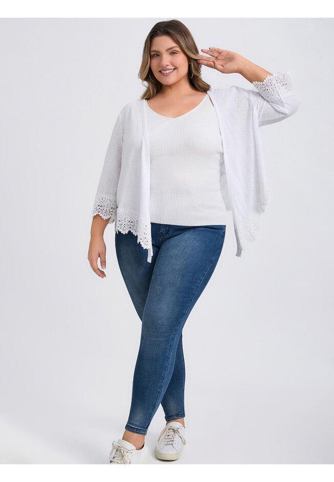 Open Front Cover Up Lace Trim Waterfall Shrug 3/4 Sleeve High Low Hem Knit Cardigans, White / White, alternate image number 1
