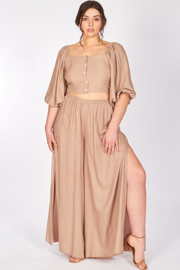 Almond Puff Sleeve Carolina Crop Top and Pants, Almond / Brown, hi-res image number 0