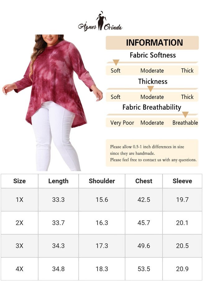 Tie Dye Crew Neck 3/4 Sleeve High Low Tunic Top Tee Shirt, Burgundy / Red, alternate image number 4