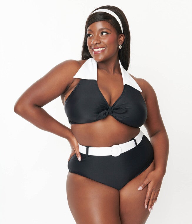 Unique Vintage Black & White Halter Swim Top, Black White / Black, alternate image number 1