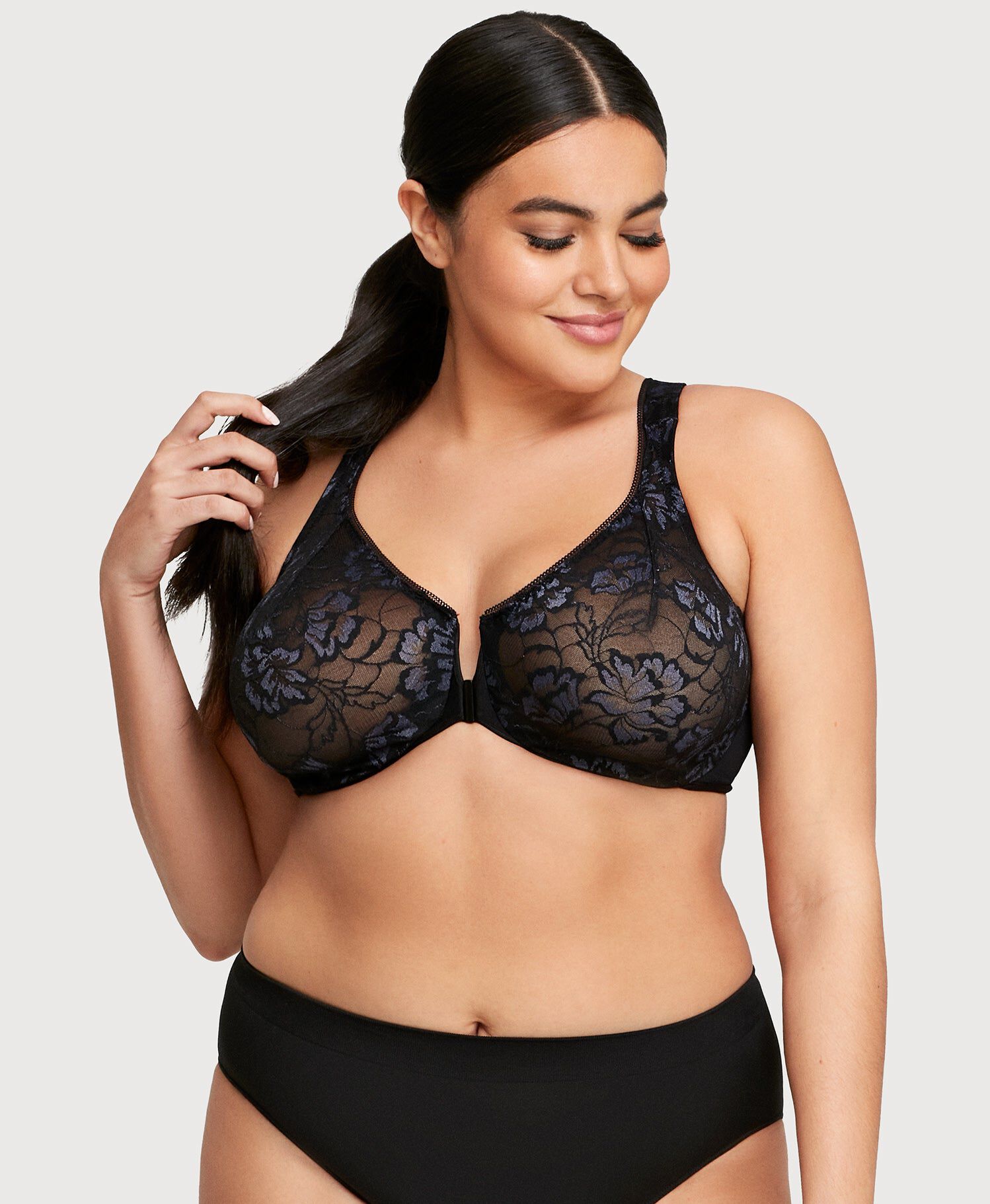 Lacey T-Back Front-Closure WonderWire Bra, Black / Black, alternate image number 3