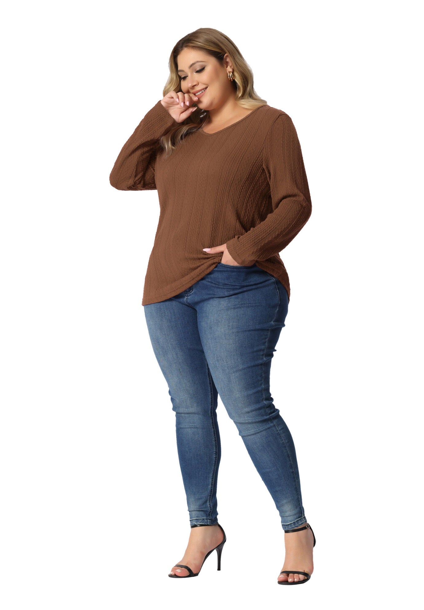 V Neck Long Sleeve Basic Knit Top Tee T-Shirt, Brown / Brown, hi-res image number 0