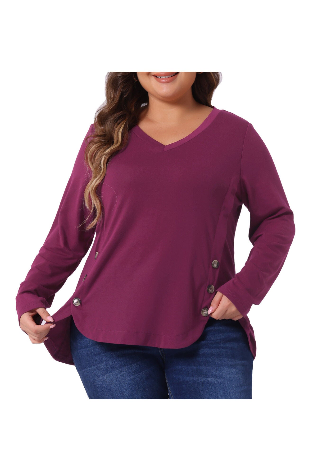 LONG SLEEVE TUNIC TOP V NECK LOOSE T SHIRT, Fuchsia / Deep Fuchsia, alternate image number 1