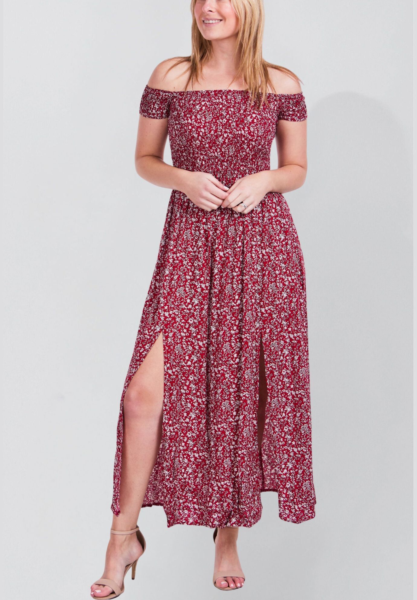 Annick- Lilou On-Off Shoulder Ditsy Floral Maxi Dress Front Slits, Red / Red, hi-res image number 0