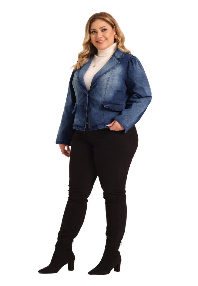 JEAN LAPEL LONG SLEEVE DENIM BLAZER, Dark Blue / Navy, hi-res image number 0