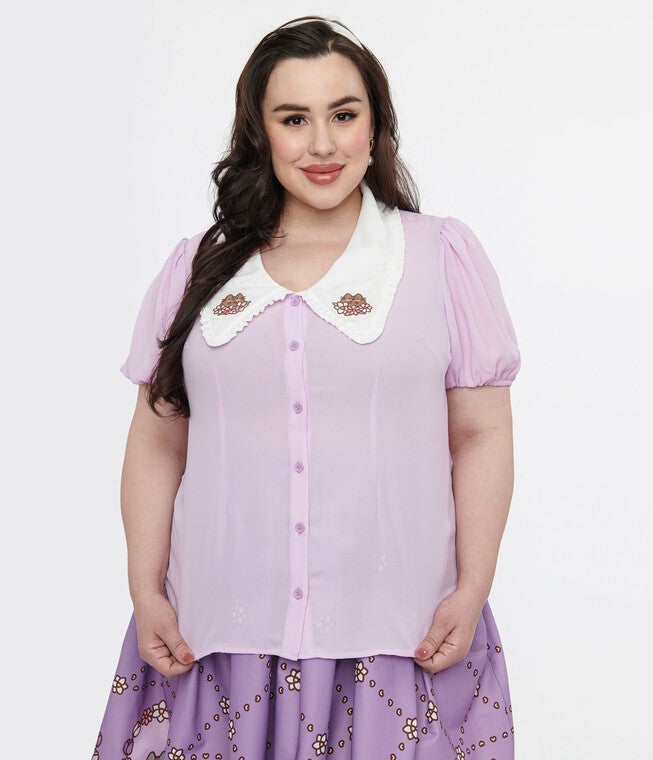 Pusheen x Unique Vintage Lavender Pusheen Springtime Embroidered Oversized Collar Blouse, , alternate image number null