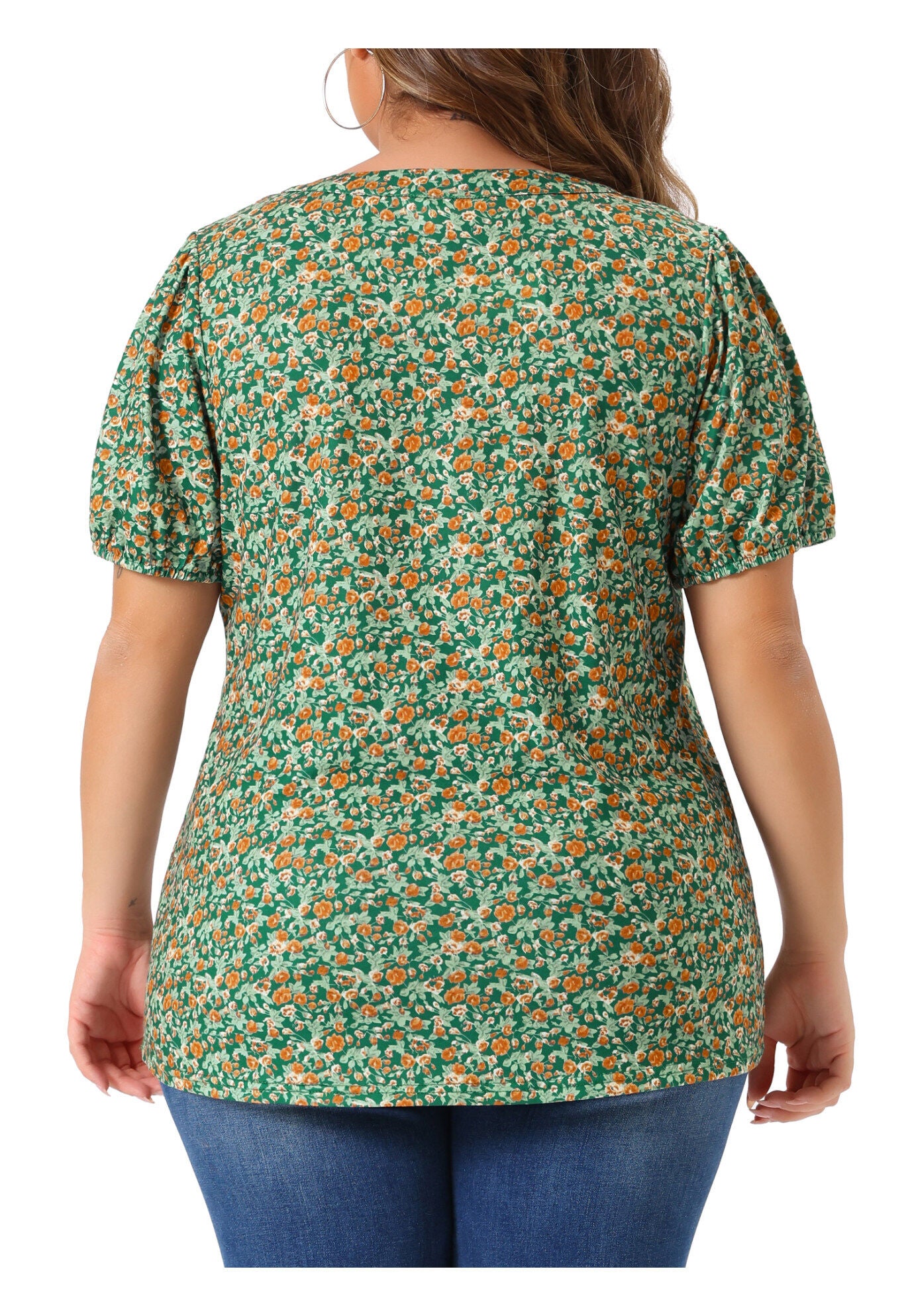 Short Sleeve Pleated T-Shirts Notched V Neck Blouse Floral Top, Green / Sage Green, alternate image number 3