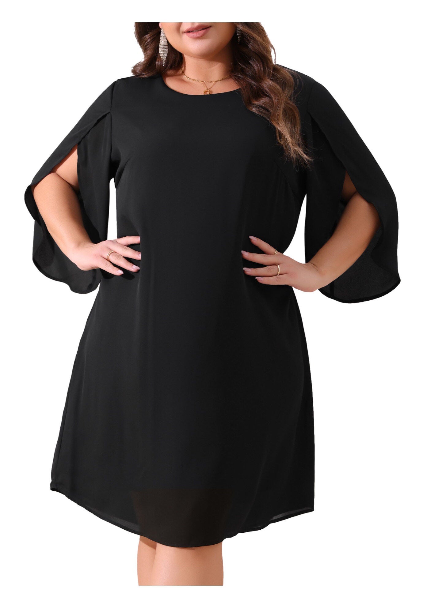 Crew Neck 3/4 Flutter Sleeve Cocktail Chiffon Dress, Black / Black, alternate image number 2