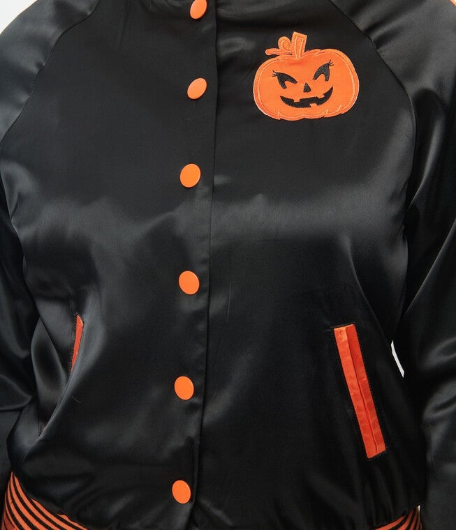 Unique Vintage Black & Orange Scream Queen Satin Bomber Jacket, , alternate image number null