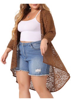 LIGHTWEIGHT 3/4 SLEEVE OPEN FRONT CROCHET LACE COVER UP