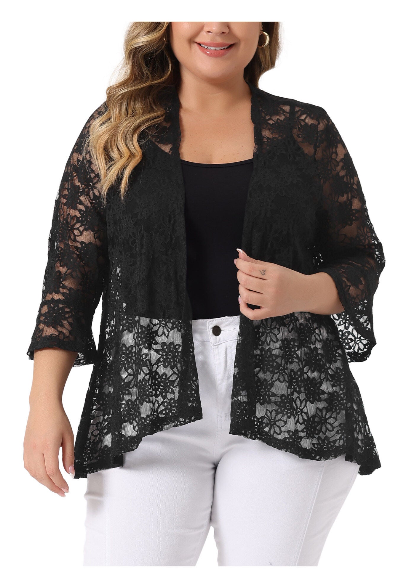 OPEN FRONT 3/4 BELL SLEEVE SHEER LIGHTWEIGHT LACE COVER UP CARDIGAN, Black / Black, hi-res image number 0