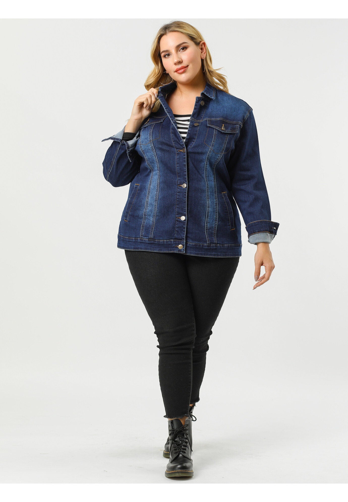 STITCHING BUTTON FRONT WASHED DENIM JACKET, Dark Blue / Navy, hi-res image number 0