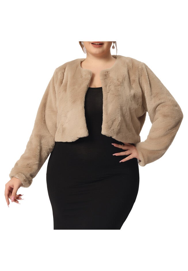 OPEN FRONT CROPPED FAUX FUR FLUFFY JACKET, Dark Apricot / Brown, alternate image number 1