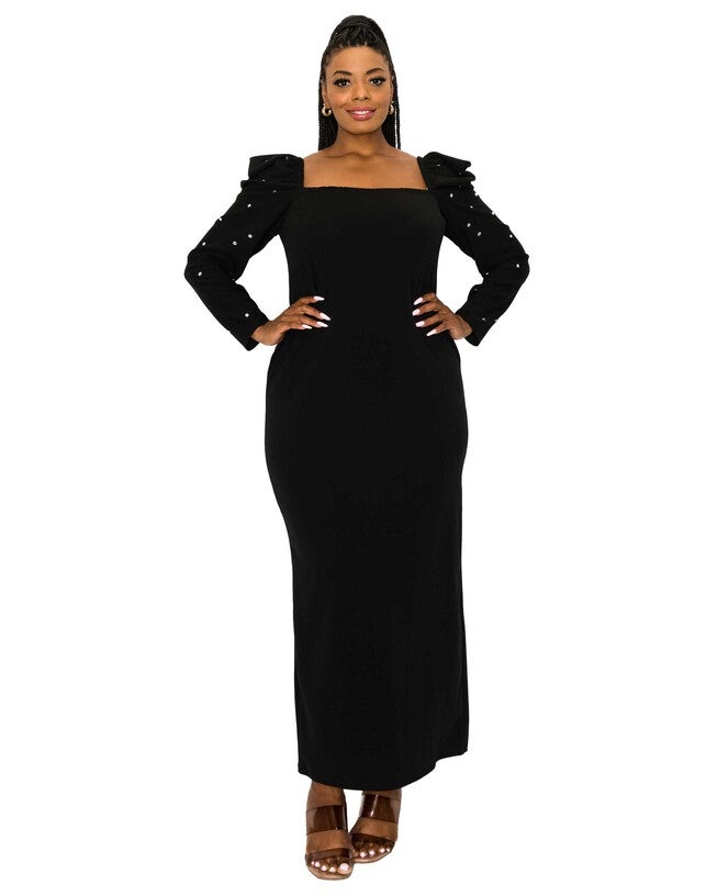 EVANGELINE RHINESTONE SLEEVE DRESS, Black / Black, hi-res image number 0