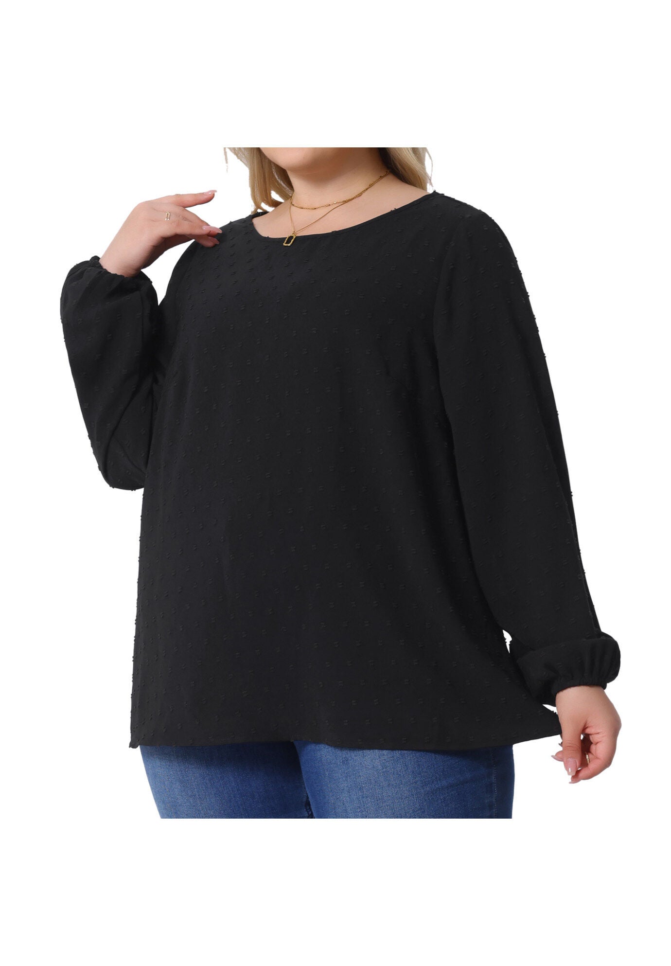 Crewneck Chiffon Blouses Swiss Dots Long Sleeve Top, Black / Black, alternate image number 1