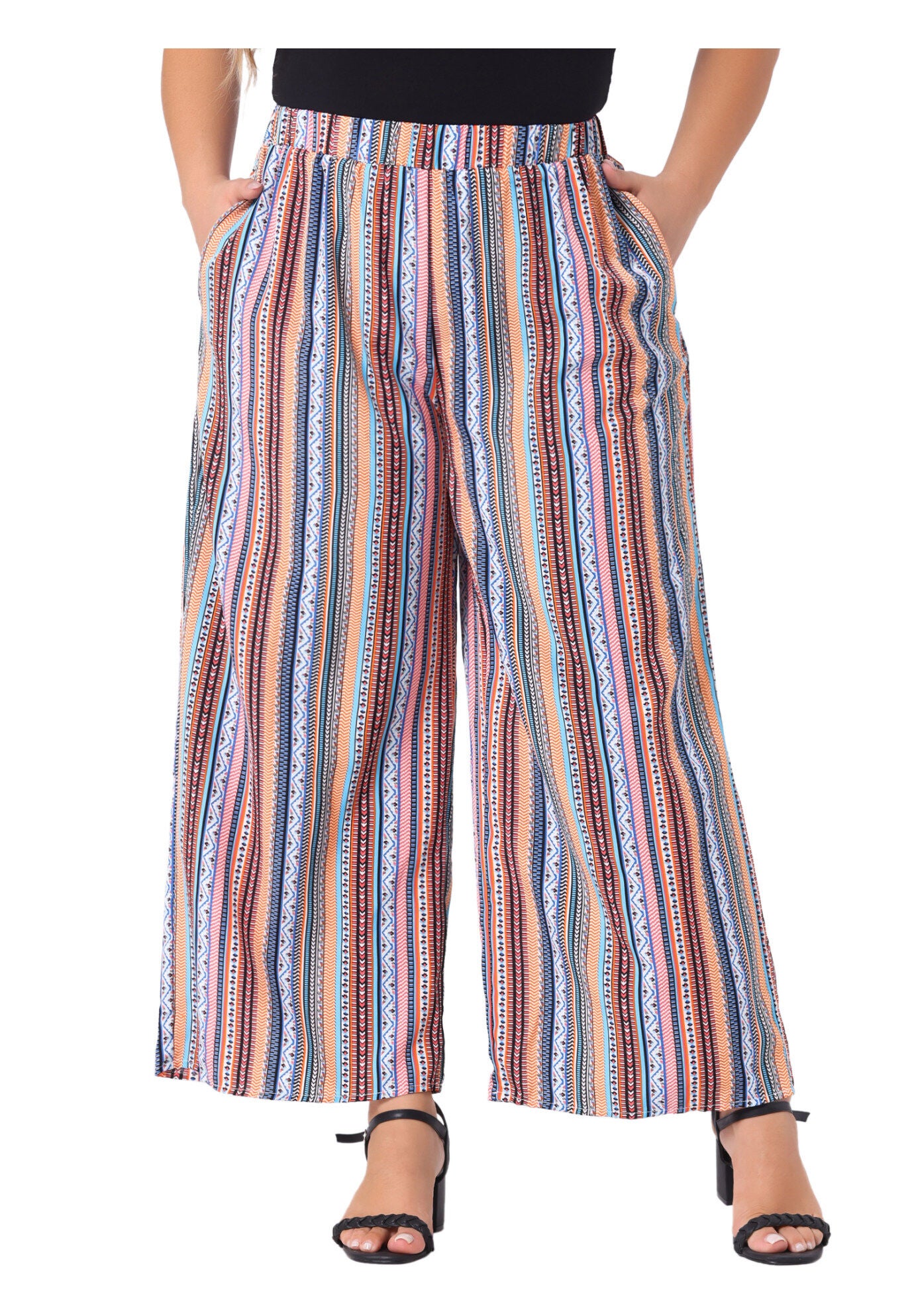 STRIPE BOHO WIDE LEG PAPER BAG PALAZZO PANTS, Orange Red / Orange, alternate image number 2