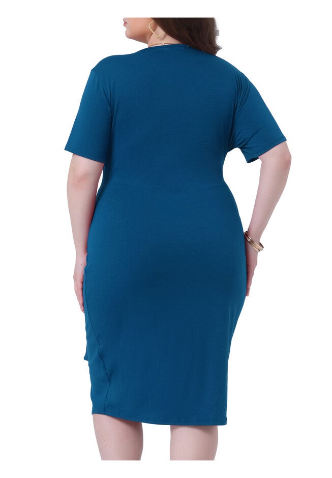 V Neck Ruched Wrap Belted Bodycon Midi Dress, Peacock Blue / Teal, alternate image number 3