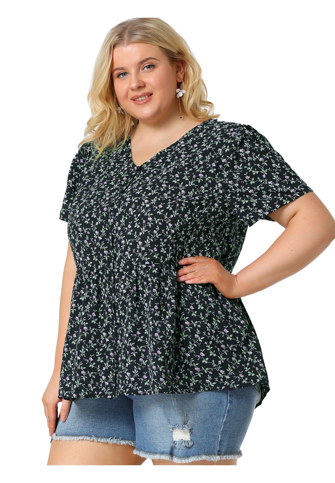Chiffon Shirt V Neck Ruffle Short Sleeve Floral Peplum Top, Navy / Navy, alternate image number 3