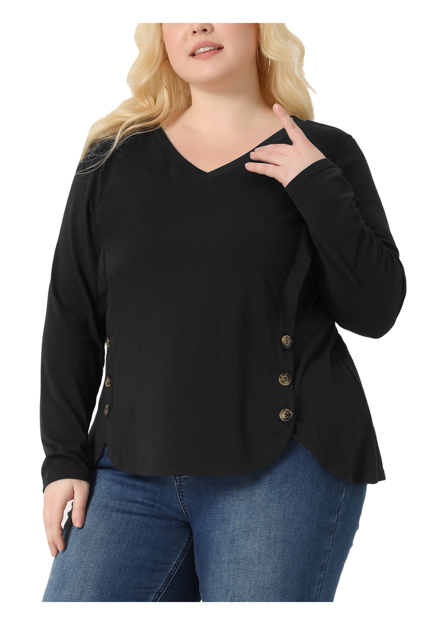 LONG SLEEVE TUNIC TOP V NECK LOOSE T SHIRT, Black / Black, alternate image number 1