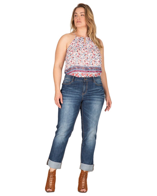 X-Boyfriend Heavy Hand Sand Whisker Detail Rolled Jeans, Blue 1824 / Medium Wash, alternate image number 1