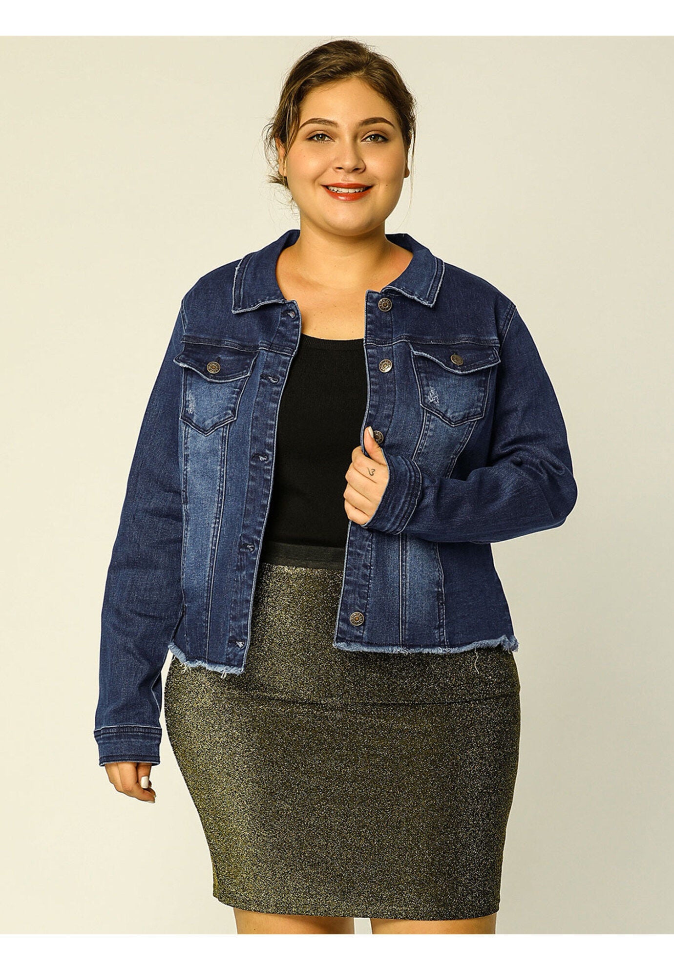 WASHED FRONT FRAYED DENIM JACKET, Dark Blue / Navy, alternate image number 1