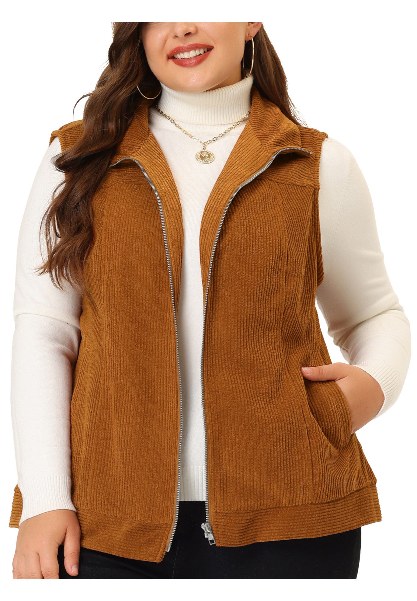 SLEEVELESS ZIPPER SIDE POCKET CORDUROY VEST, Caramel / Brown, alternate image number 2