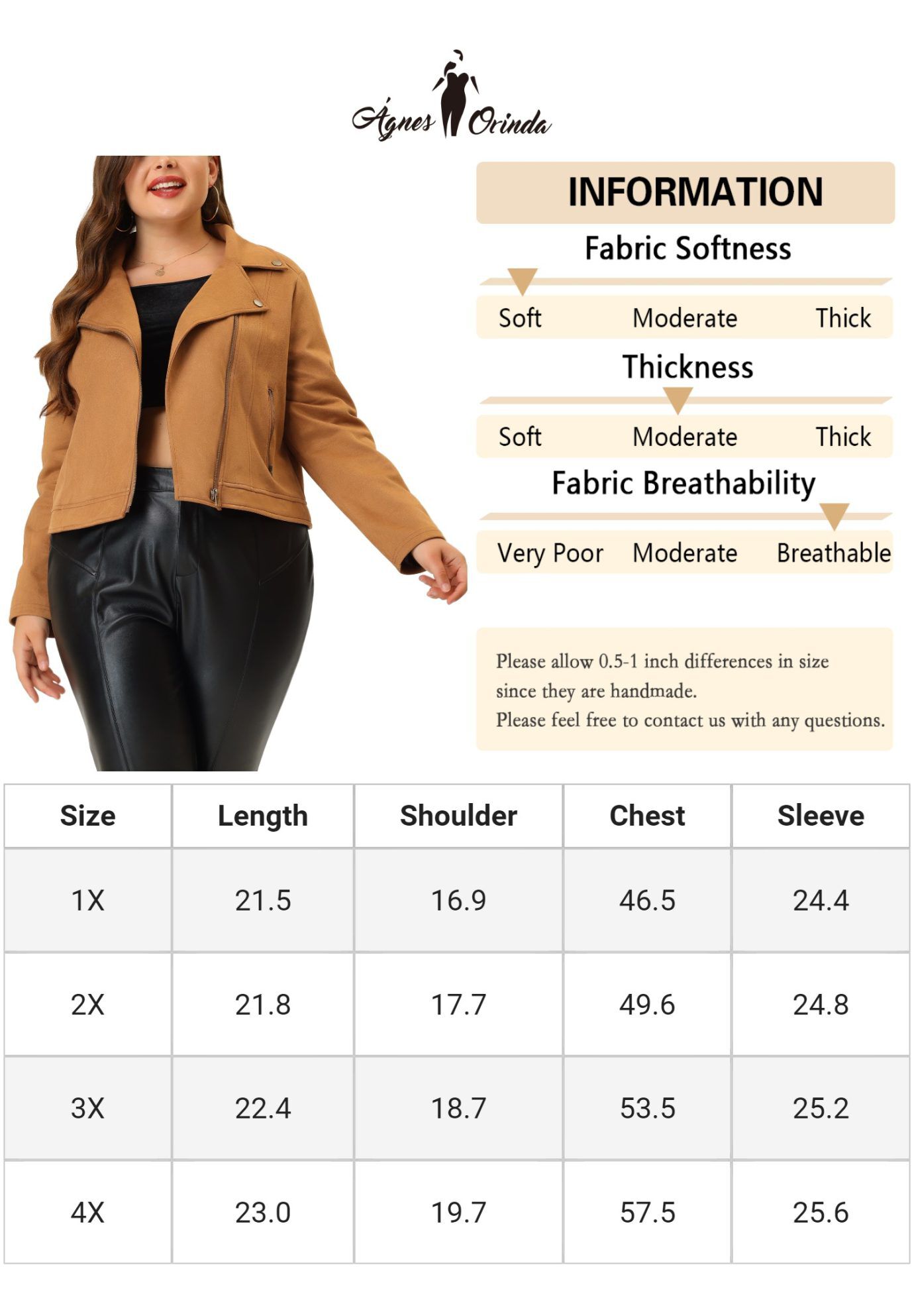 CROPPED MOTO BIKER ZIP UP FAUX LEATHER SUEDE JACKET, Camel / Brown, alternate image number 4