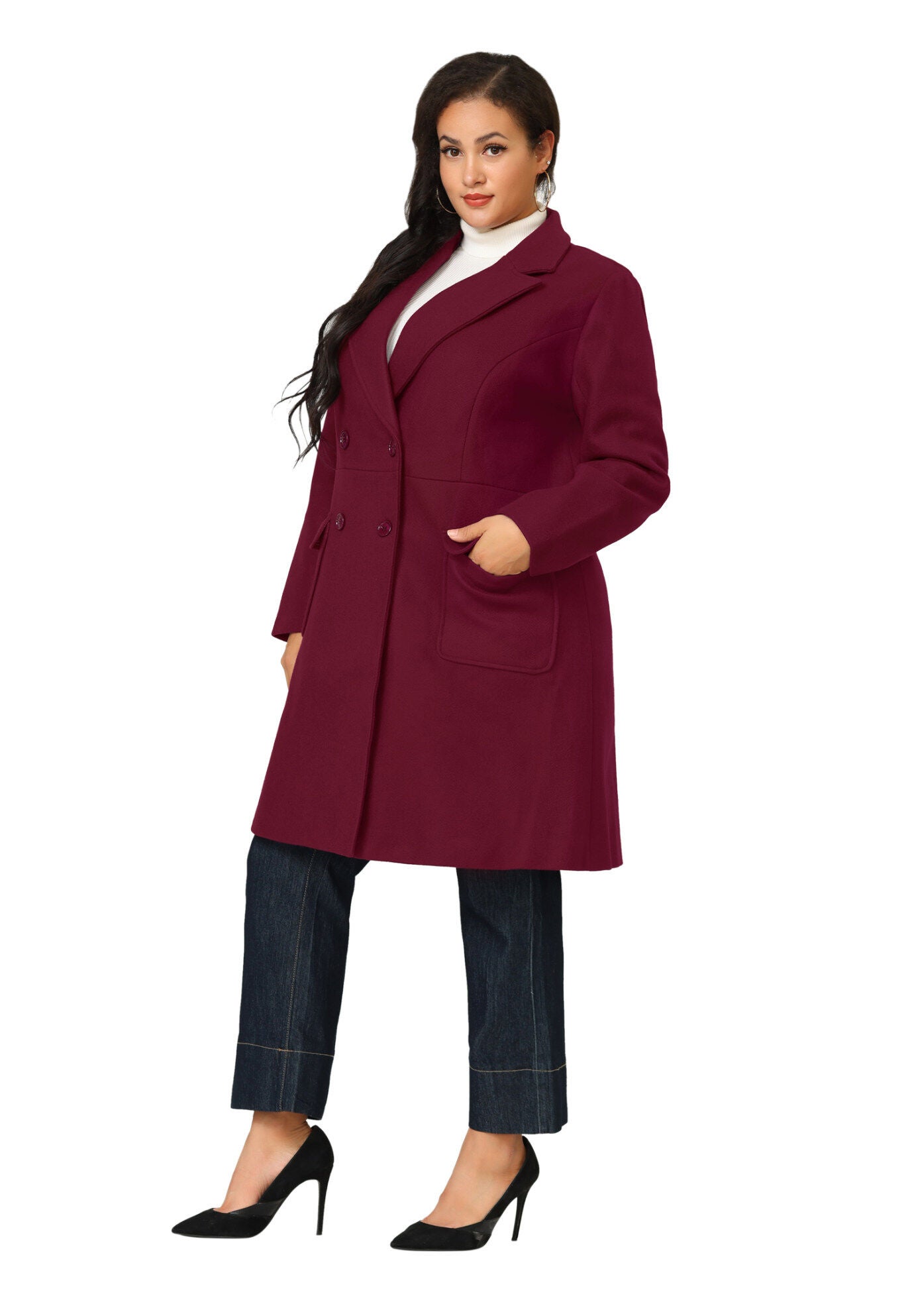 NOTCH LAPEL DOUBLE BREASTED PEA TRENCH COAT, Burgundy / Red, alternate image number 4