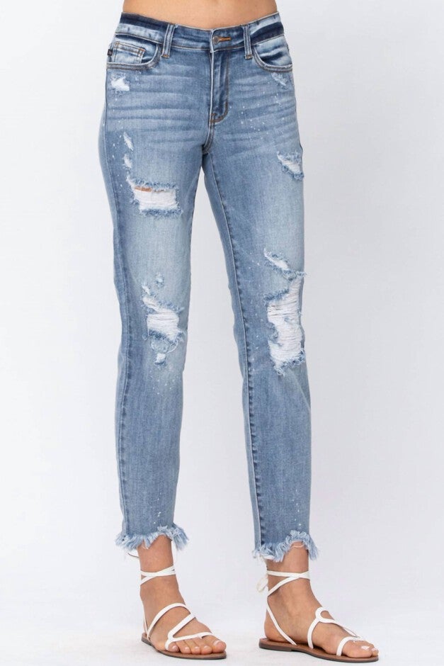 DESTROYED HEM BLEACH SPLASH BOYFRIEND JEAN IN LIGHT WASH, , alternate image number null