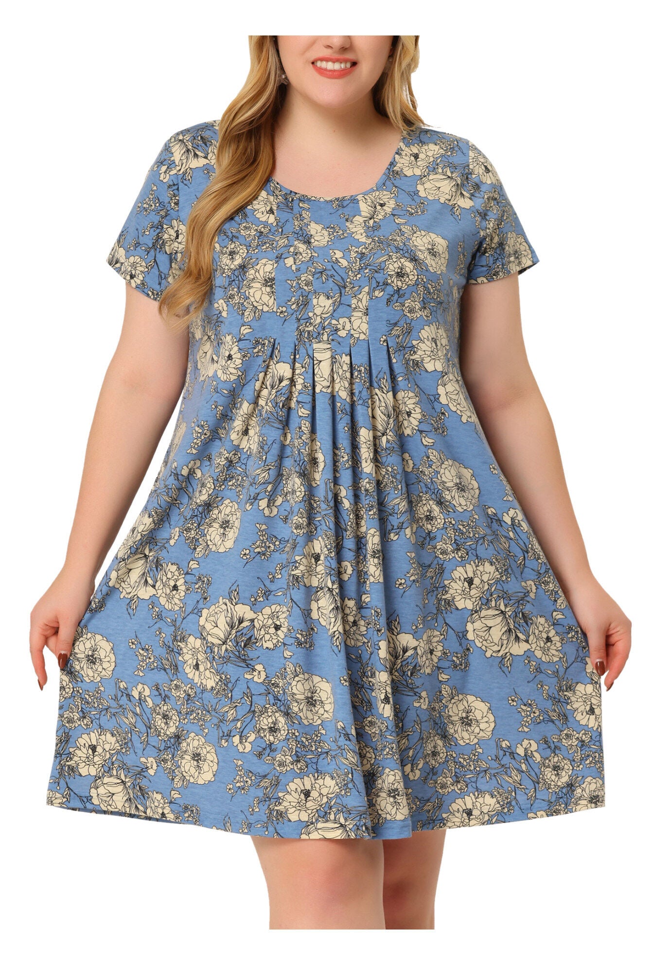 Short Sleeves Pleated Summer Beach Casual Loose Floral Dress, Blue / Cornflower Blue, alternate image number 1