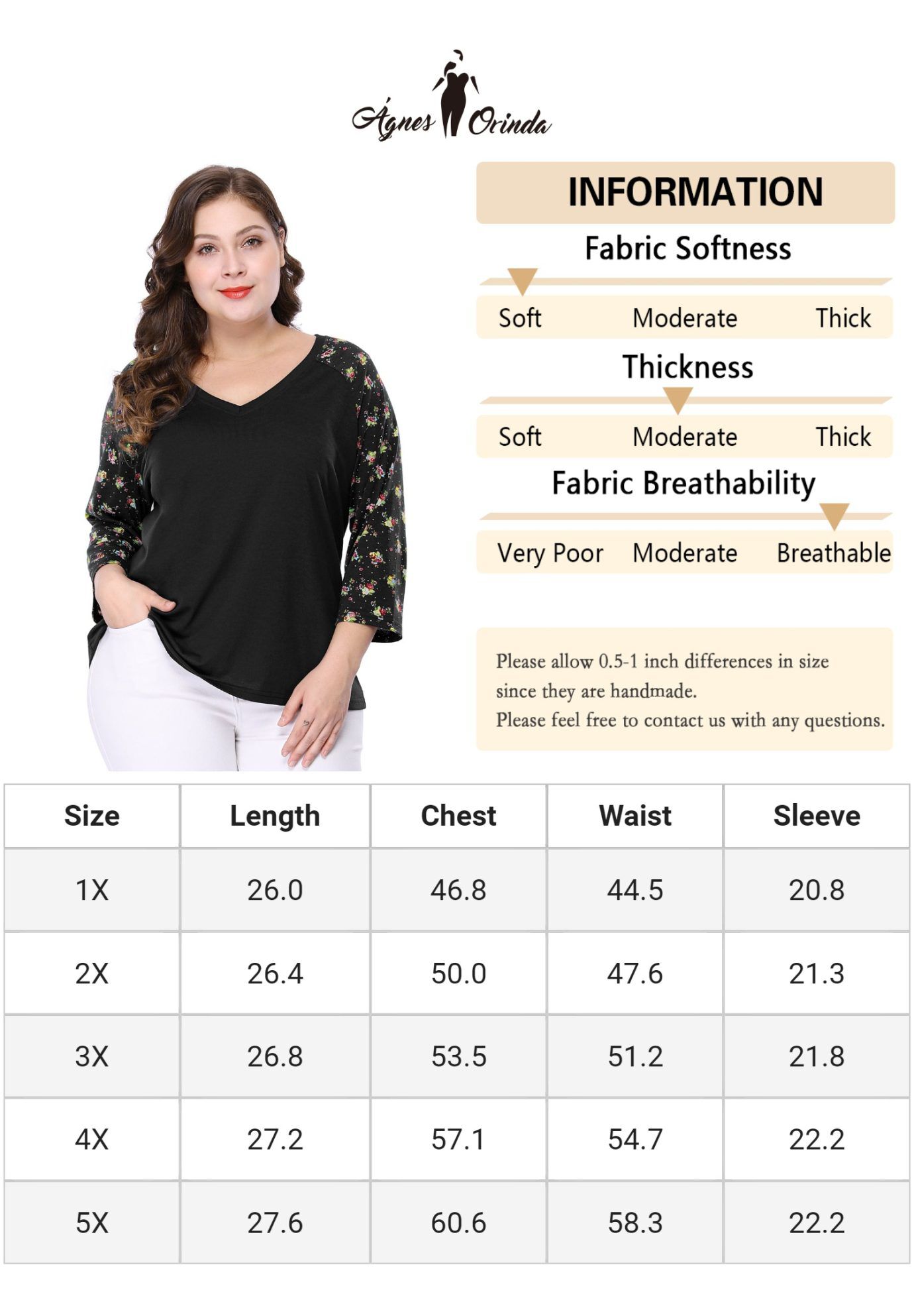 Casual V Neck 3/4 Sleeve Floral Raglan Top, Black / Black, alternate image number 4