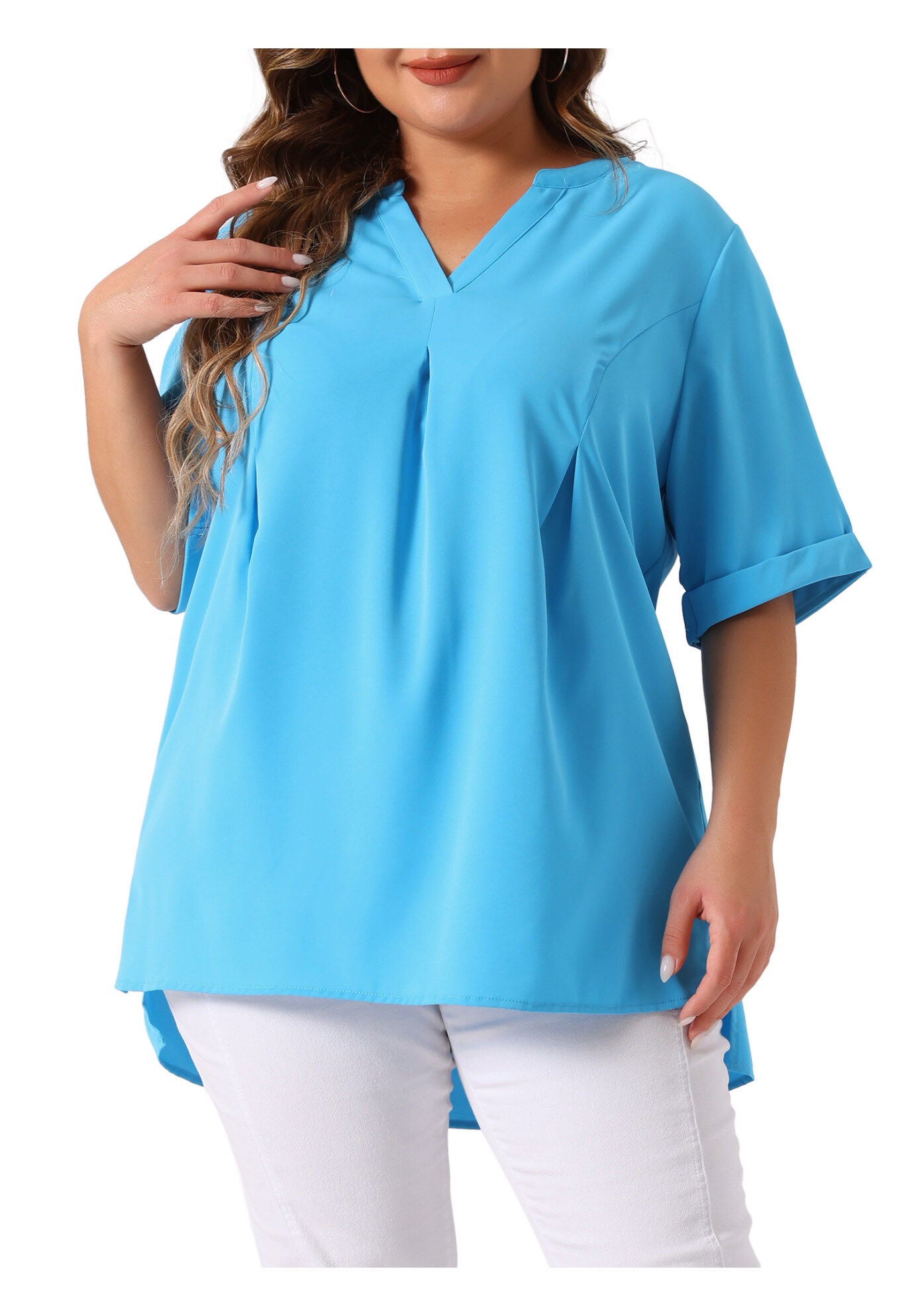 V Neck Casual Solid 1/2 Sleeve Tunic Blouse, Blue / Azure Blue, alternate image number 3
