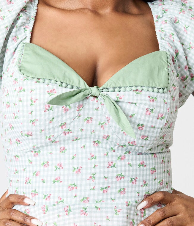 Unique Vintage Plus Size Green Floral Gingham Print Swing Dress, Kelly Green / Kelly Green, alternate image number 1