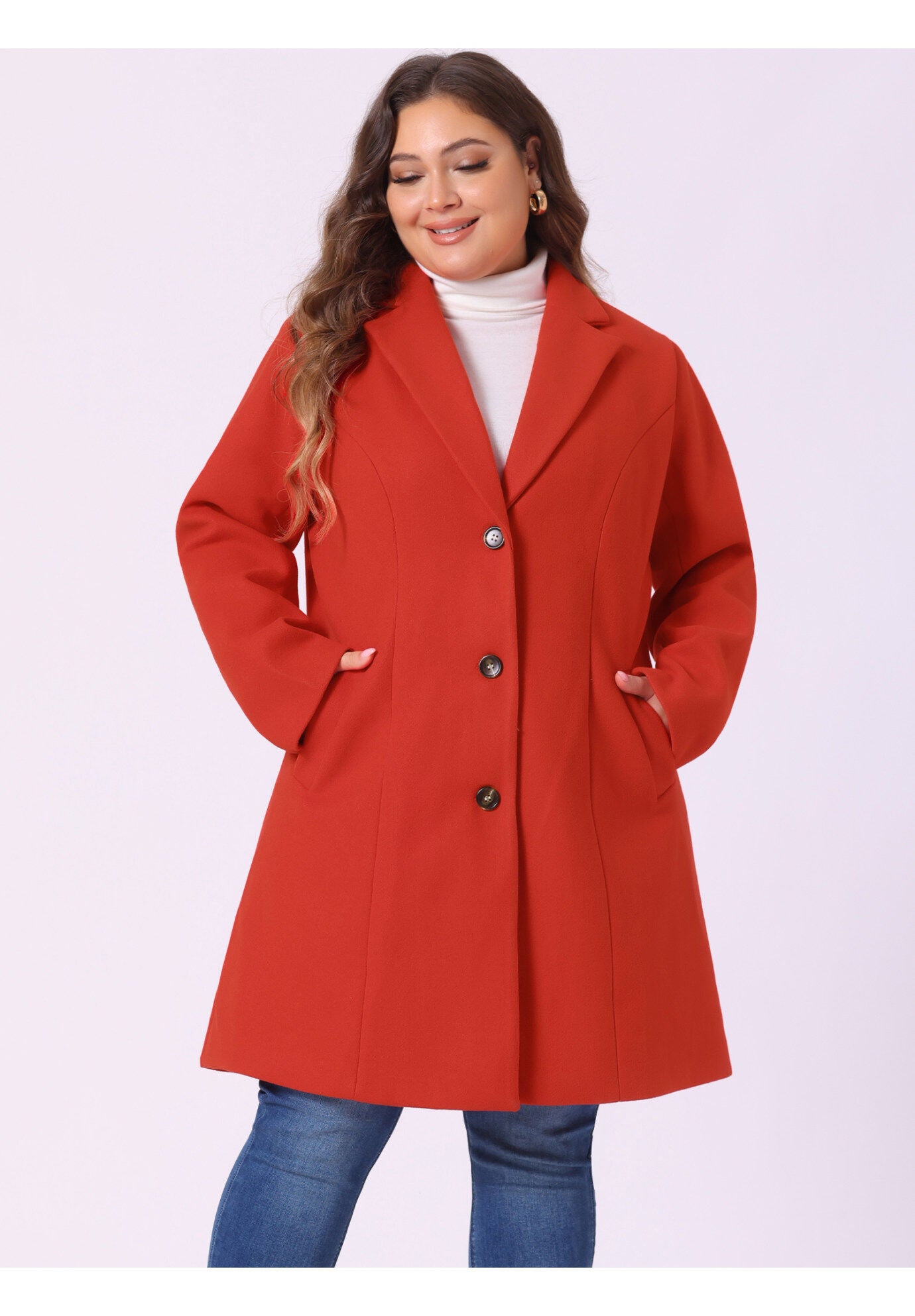 SINGLE BREASTED NOTCHED LAPEL LONG WINTER COAT, Red / Red, alternate image number 1