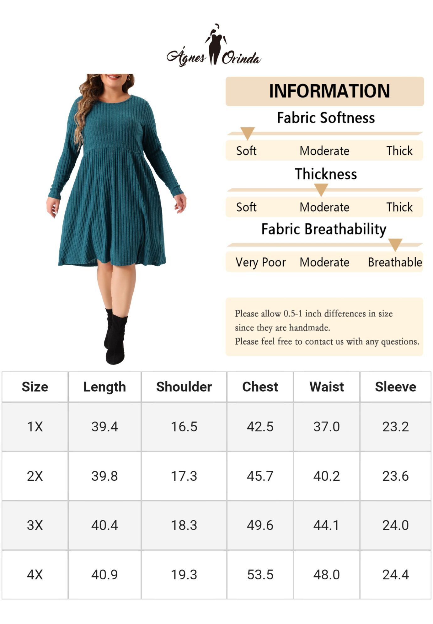 Round Neck Long Sleeve Elegant Ribbed Midi Knit Sweater Dress, Peacock Blue / Cornflower Blue, alternate image number 3