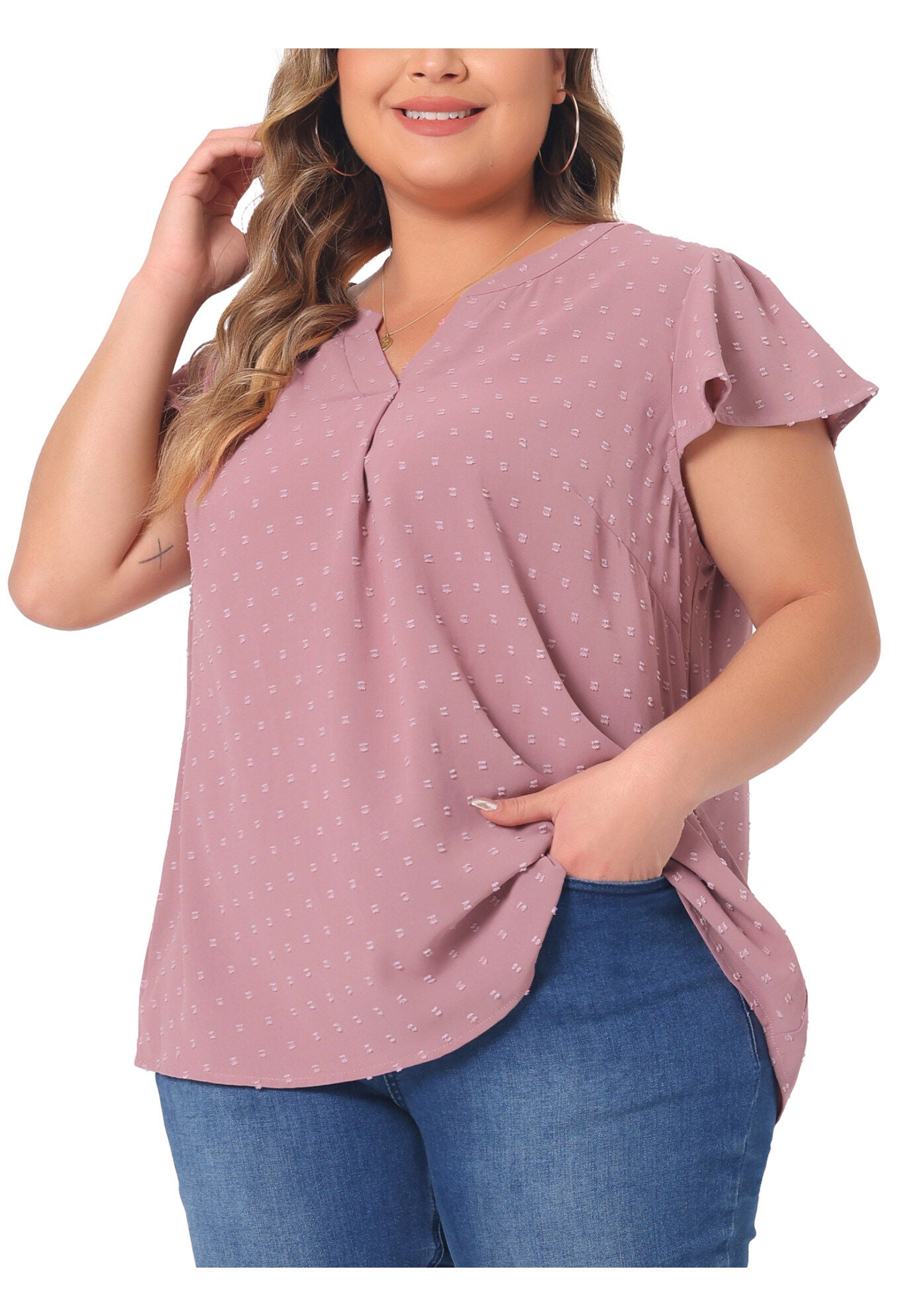 Swiss Dots Notched Neck Ruffle Sleeve Blouse, Gray Purple / Mauve, alternate image number 1