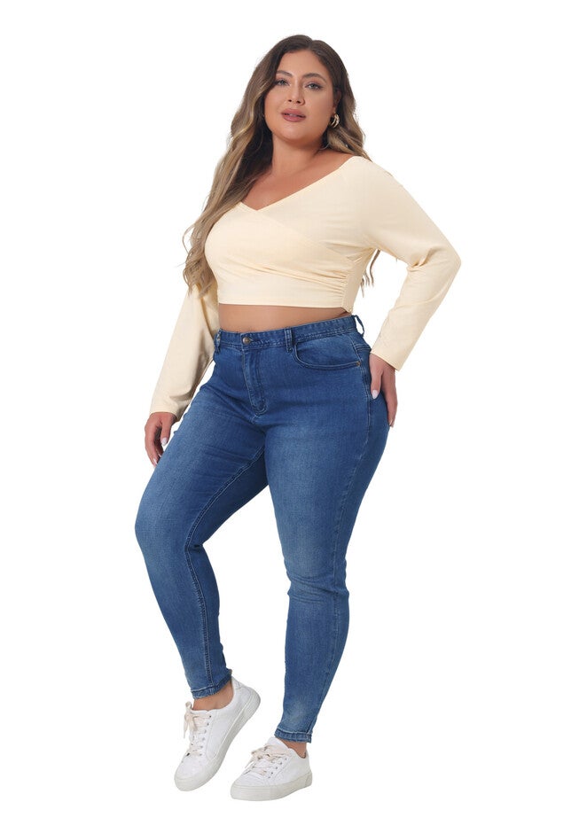 OFF SHOULDER LONG SLEEVE CROSS WRAP V NECK CROP TOP, Beige / Beige, hi-res image number null