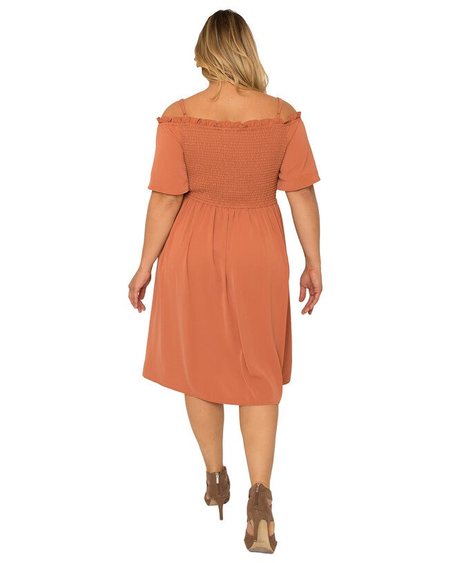 Gabi Plus Size Off The Shoulder Smocked Georgette Dress, Brown / Burnt Orange, alternate image number 3