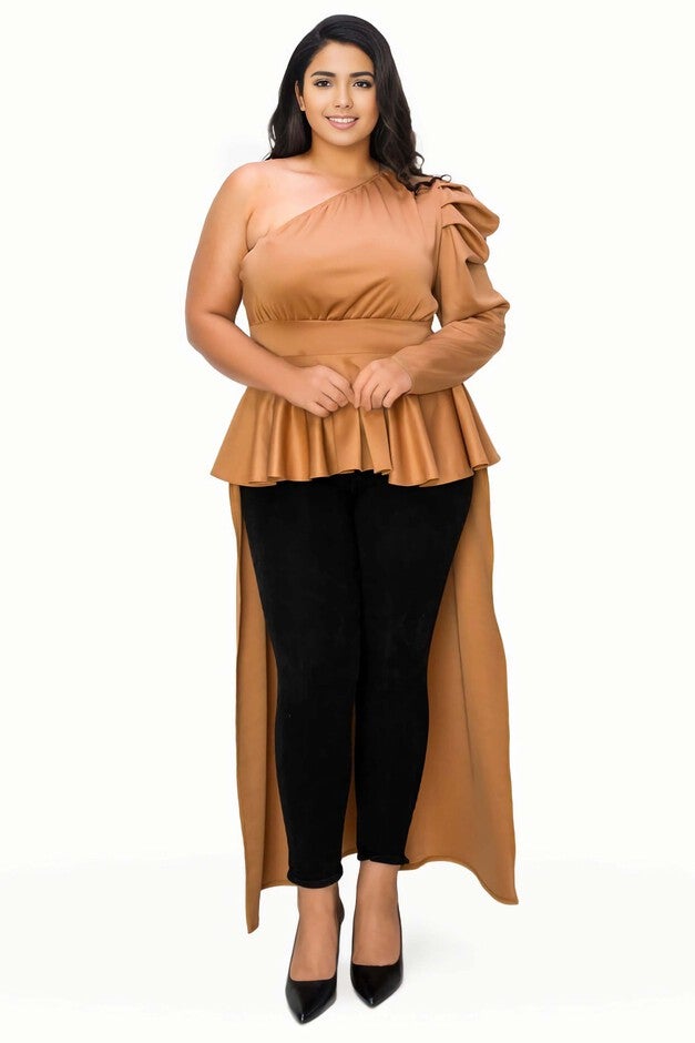 NICOLETTE ONE SHOULDER PEPLUM TOP, Camel / Beige, hi-res image number 0