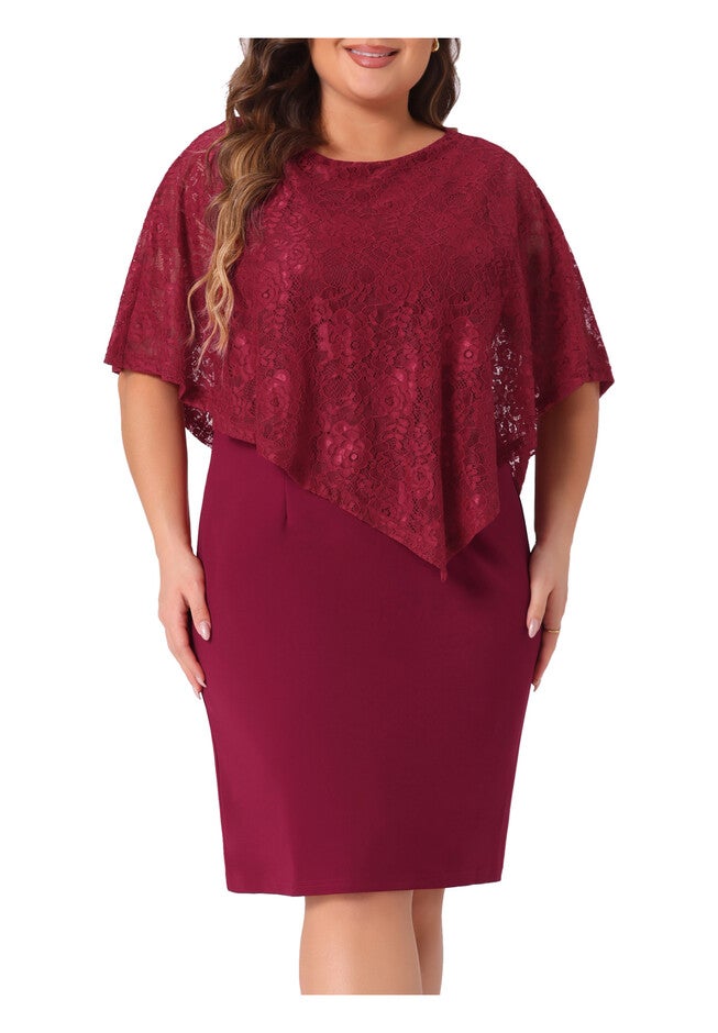 Lace Overlay Bodycon Pencil Cape Dress, Burgundy / Burgundy, alternate image number 2