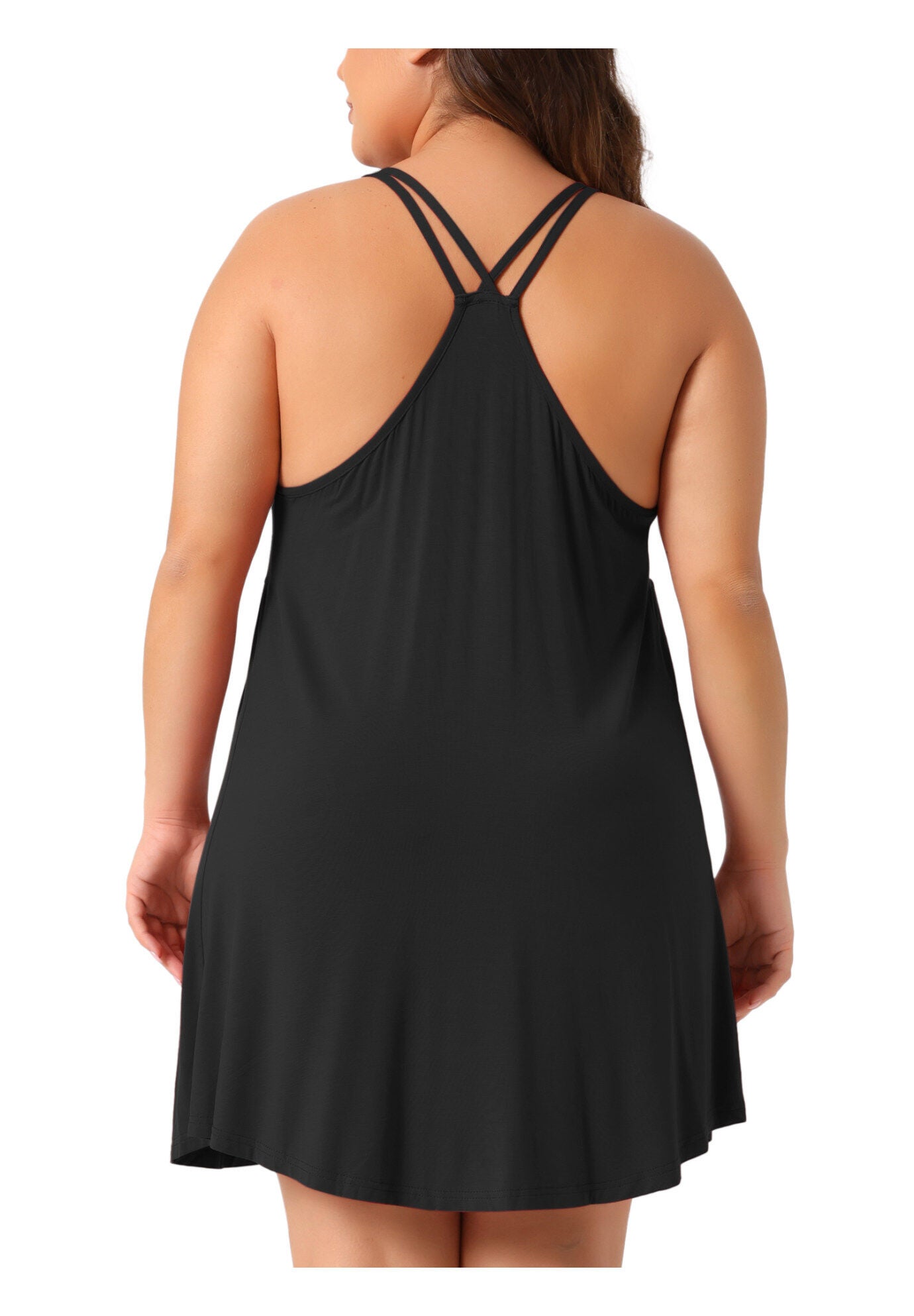 Spaghetti Strap V Neck Sleeveless Racerback Chemise Nightdress, Black / Black, alternate image number 3