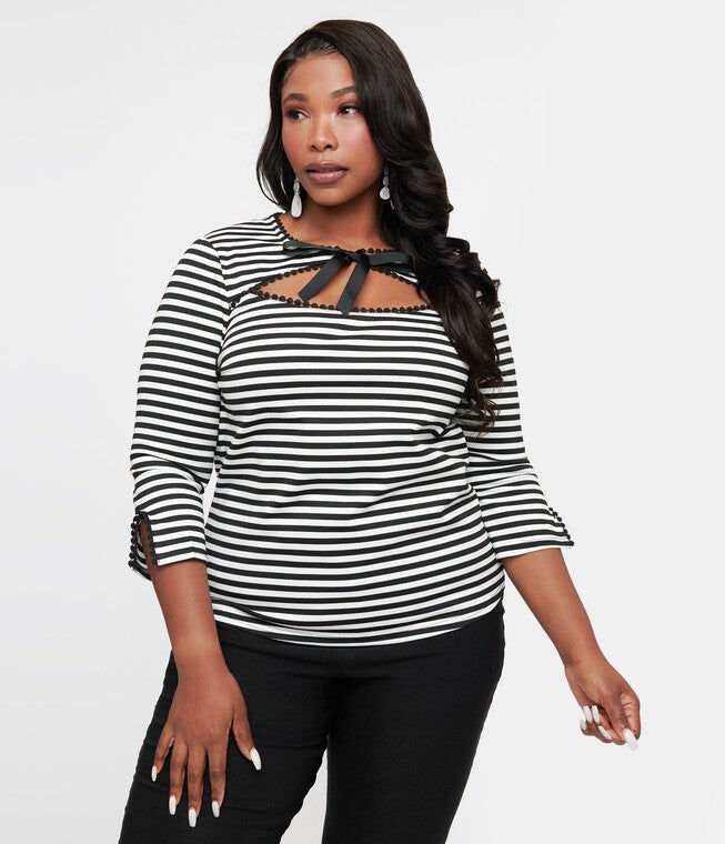 1950s Black & White Stripe Cutout Neck Tie Top, Black White Stripe / Black, alternate image number 2