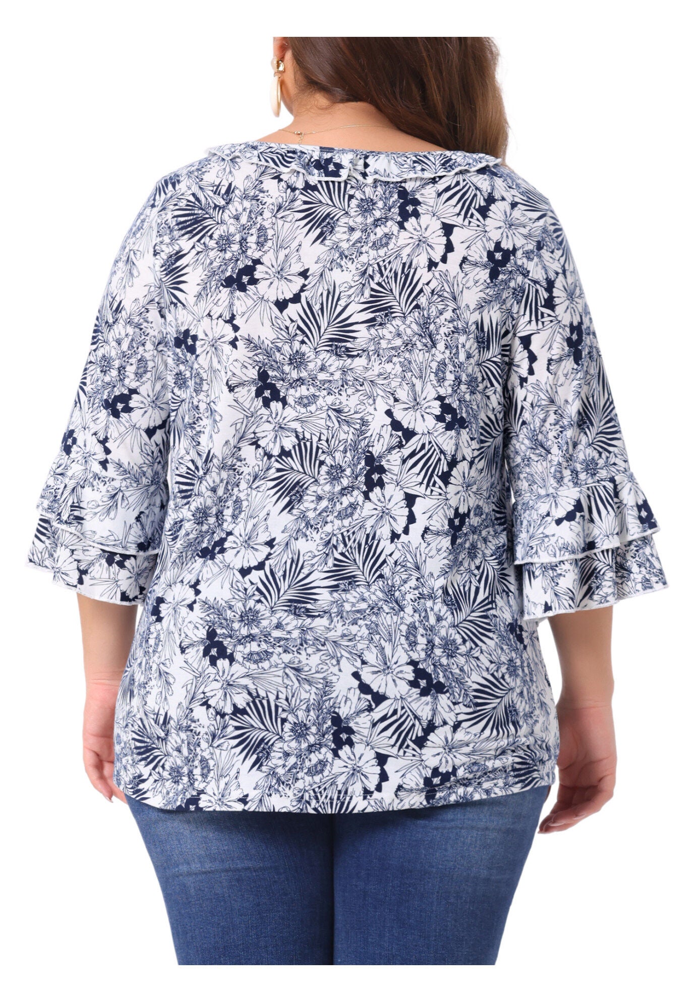 Floral Print V Neck Tiered Ruffle Bell Sleeve Blouse Top, White Blue / White, alternate image number 3
